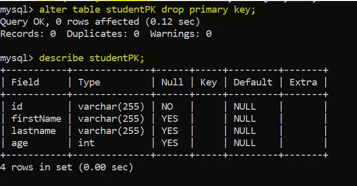 从 studentPk 表中删除主键约束