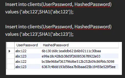 insert into clients using sha1