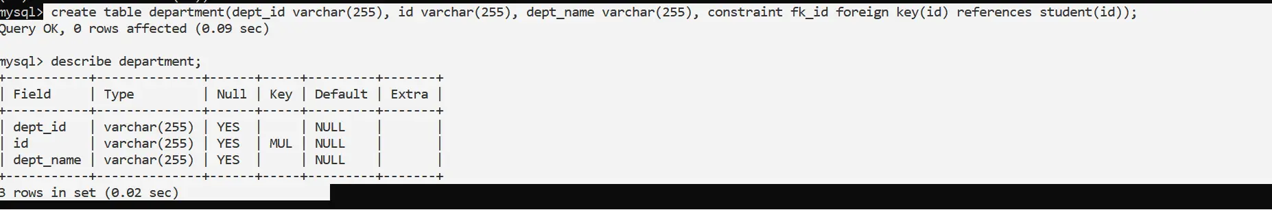 Create table department child with foreign key