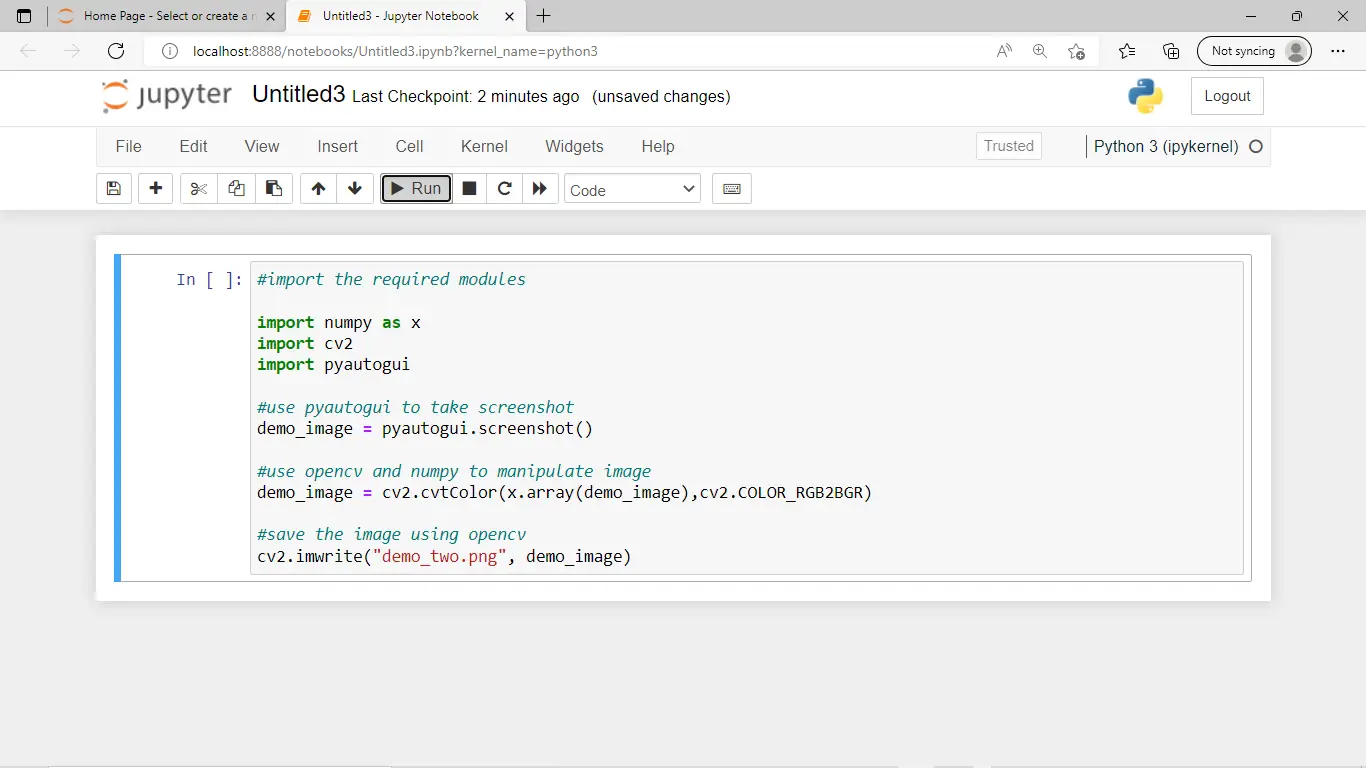 使用 Pyautogui Numpy 和 OpenCV 输出的 Python 屏幕截图